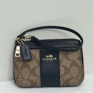 Coach Tan Signature Wristlet with Black Leather Trim